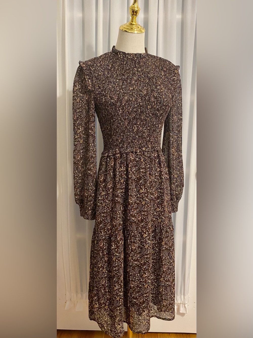 Smocked Long-Sleeve Floral Midi Dress in Brown